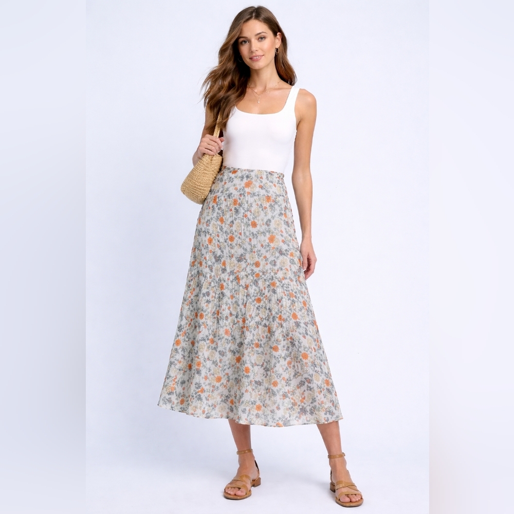 Uniqlo Floral Maxi Skirt in White with Orange & Gray Print
